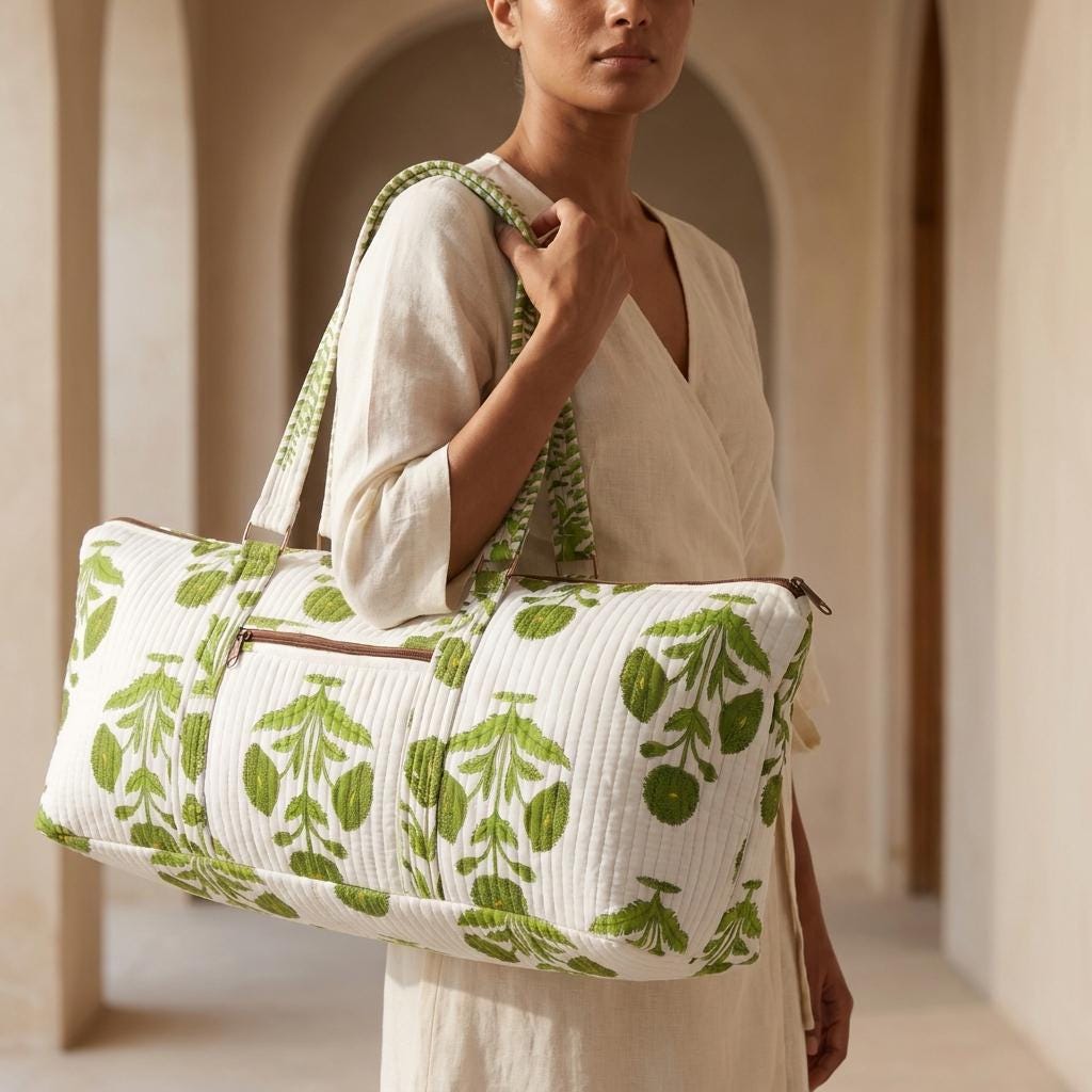 Green Marigold Quilted Cotton Yoga Mat Bag, Handcrafted Shoulder Carrier, White Floral Fitness Tote