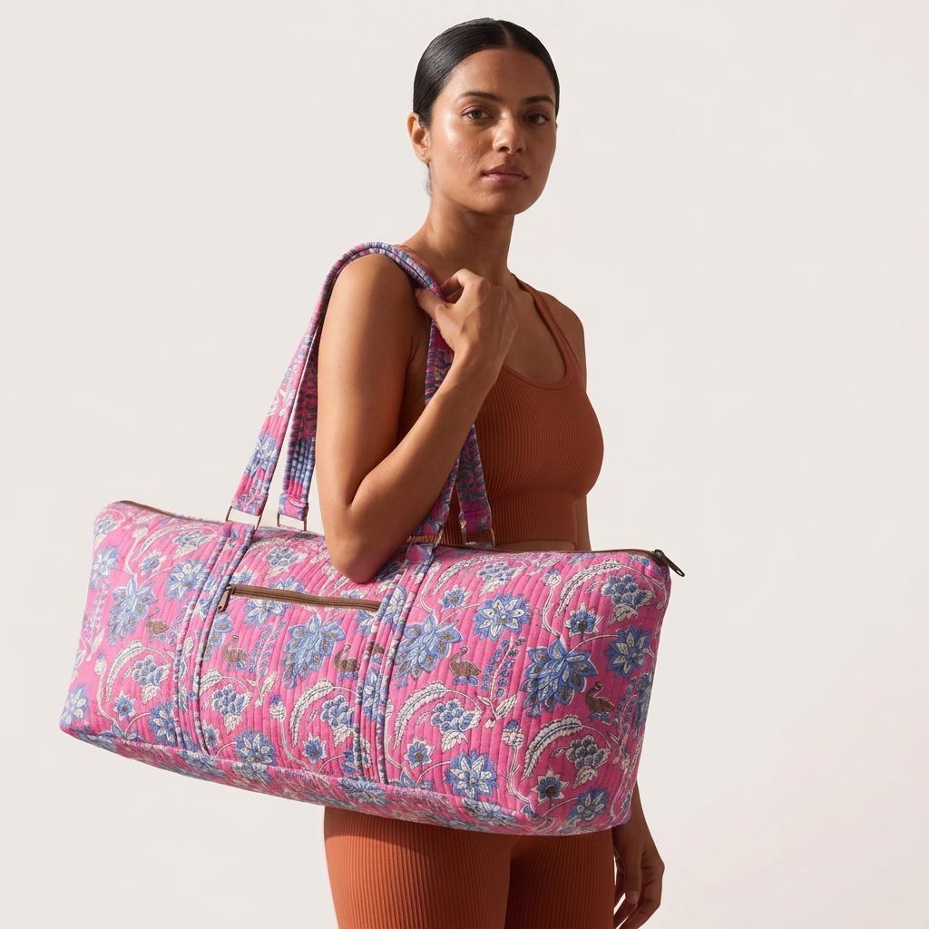 Pink Floral Quilted Cotton Yoga Mat Bag, Handcrafted Crossbody Carrier, Blue Striped Fitness Tote