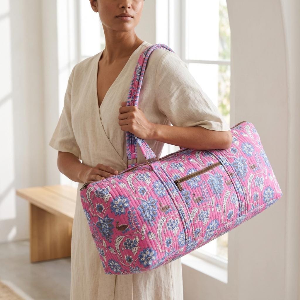 Pink Floral Quilted Cotton Yoga Mat Bag, Handcrafted Crossbody Carrier, Blue Striped Fitness Tote