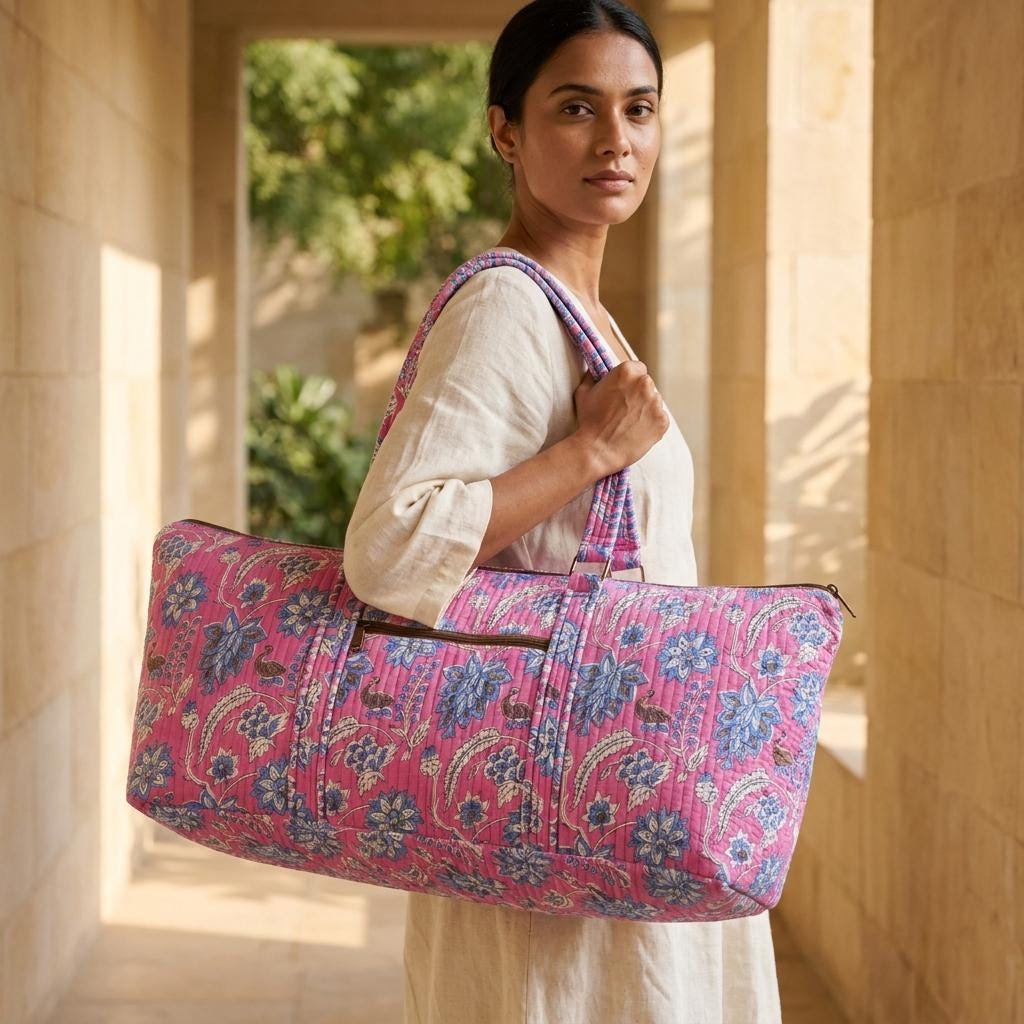 Pink Floral Quilted Cotton Yoga Mat Bag, Handcrafted Crossbody Carrier, Blue Striped Fitness Tote