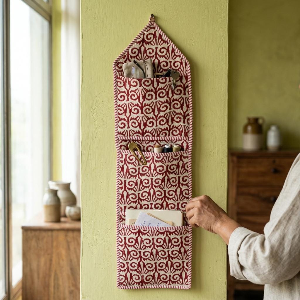 Red Fabric Wall Hanging Organizer, Handcrafted Cotton Pocket Storage, Maroon Room Decor Holder