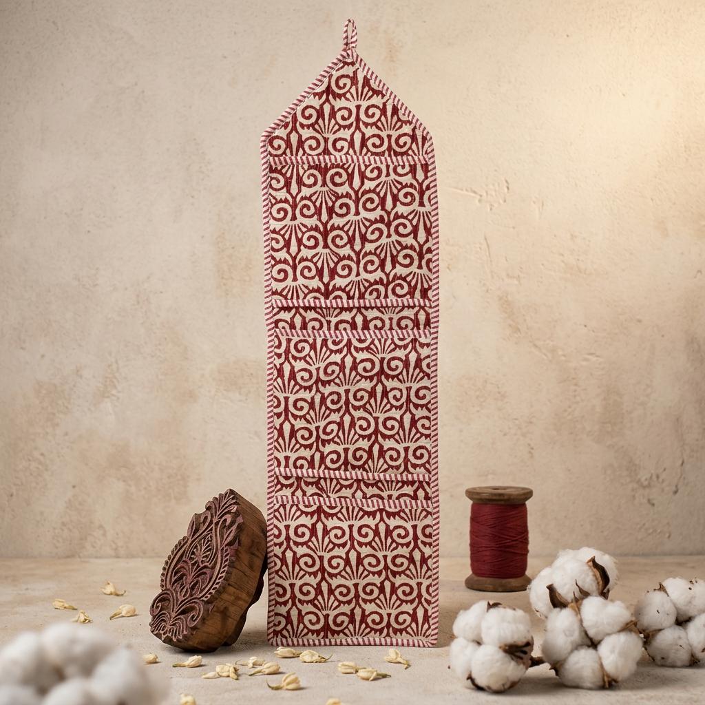 Red Fabric Wall Hanging Organizer, Handcrafted Cotton Pocket Storage, Maroon Room Decor Holder