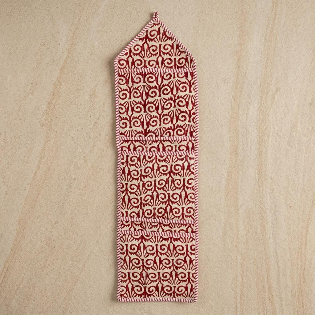 Red Fabric Wall Hanging Organizer, Handcrafted Cotton Pocket Storage, Maroon Room Decor Holder