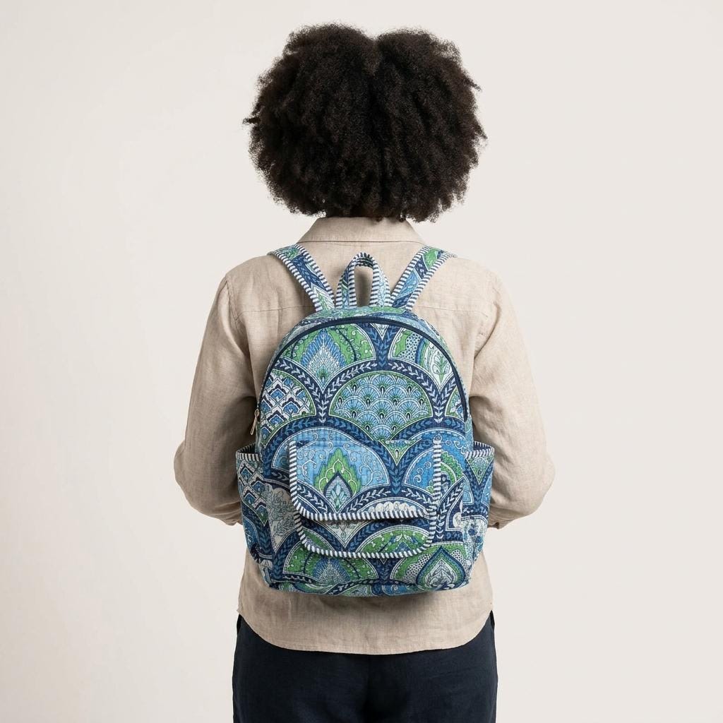 Blue Floral Quilted Cotton Backpack Bag, Handcrafted Travel Daypack, Block Print School Rucksack