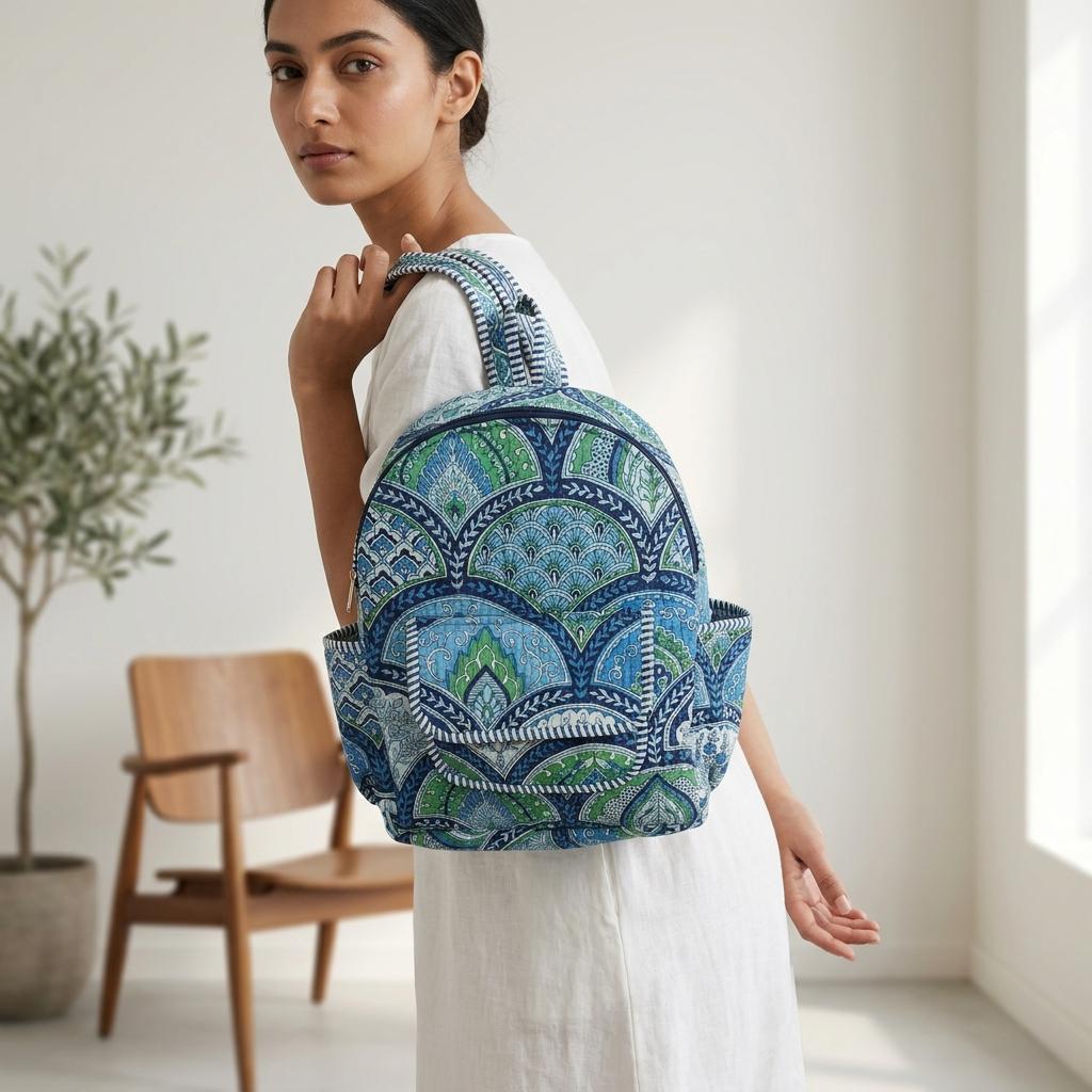 Blue Floral Quilted Cotton Backpack Bag, Handcrafted Travel Daypack, Block Print School Rucksack