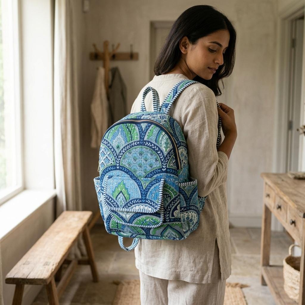 Blue Floral Quilted Cotton Backpack Bag, Handcrafted Travel Daypack, Block Print School Rucksack