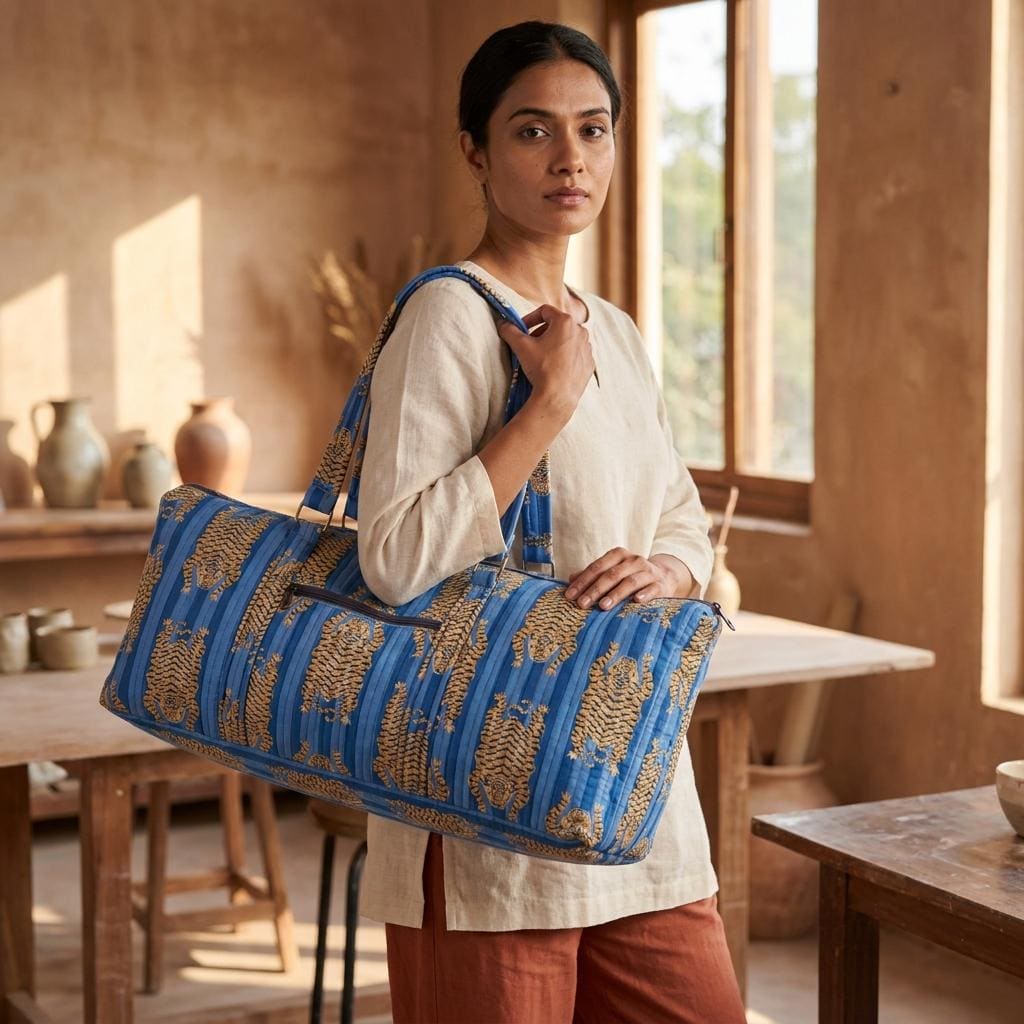 Blue Tiger Quilted Cotton Yoga Mat Bag, Handcrafted Crossbody Carrier, Striped Animal Fitness Tote
