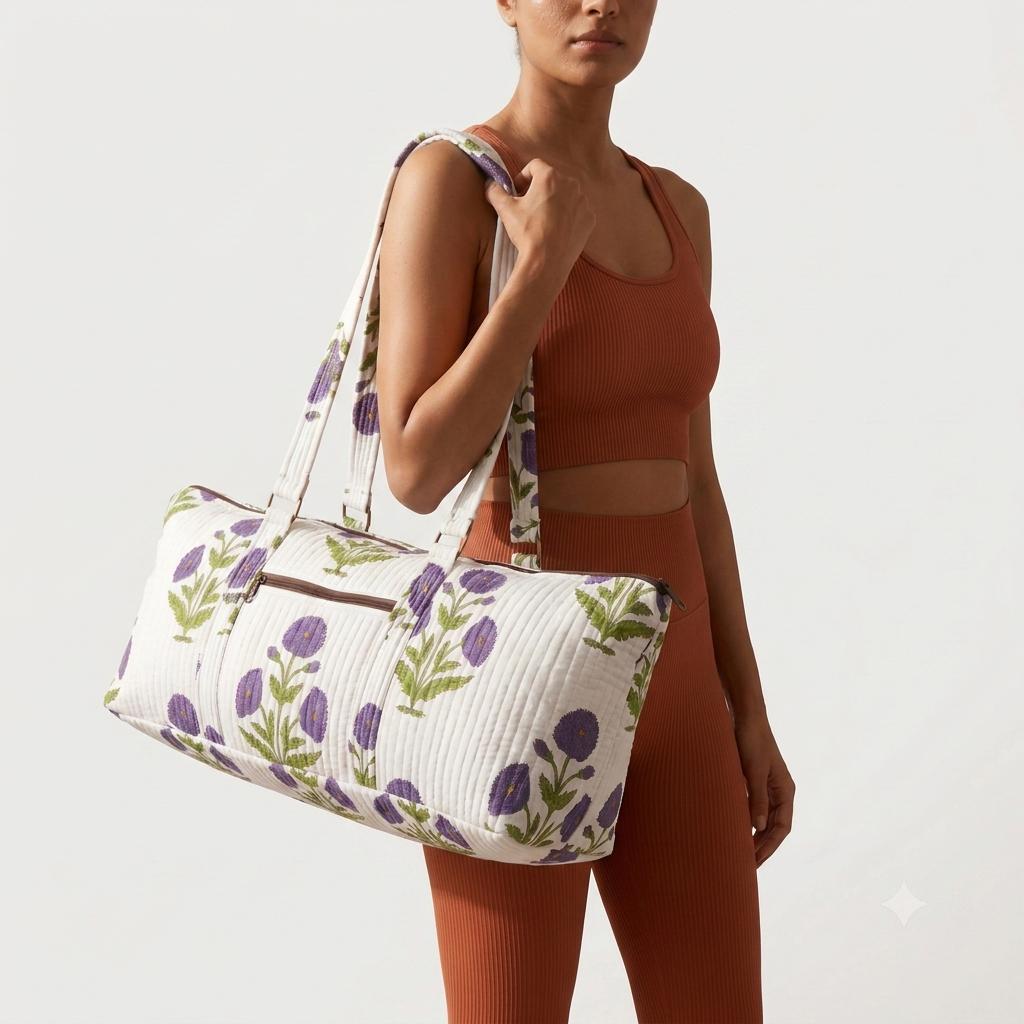 Purple Poppy Quilted Cotton Yoga Mat Bag, Handcrafted Crossbody Carrier, White Floral Fitness Tote