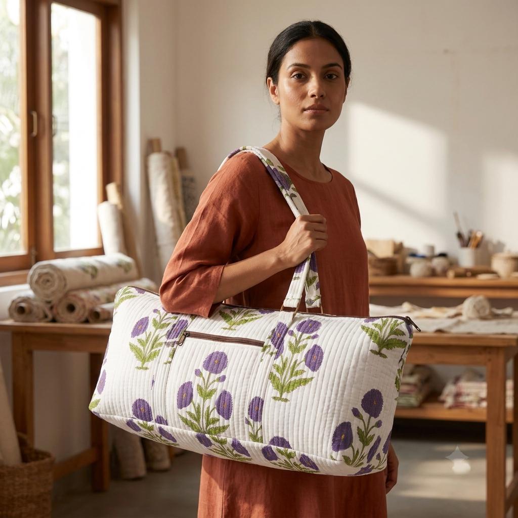 Purple Poppy Quilted Cotton Yoga Mat Bag, Handcrafted Crossbody Carrier, White Floral Fitness Tote