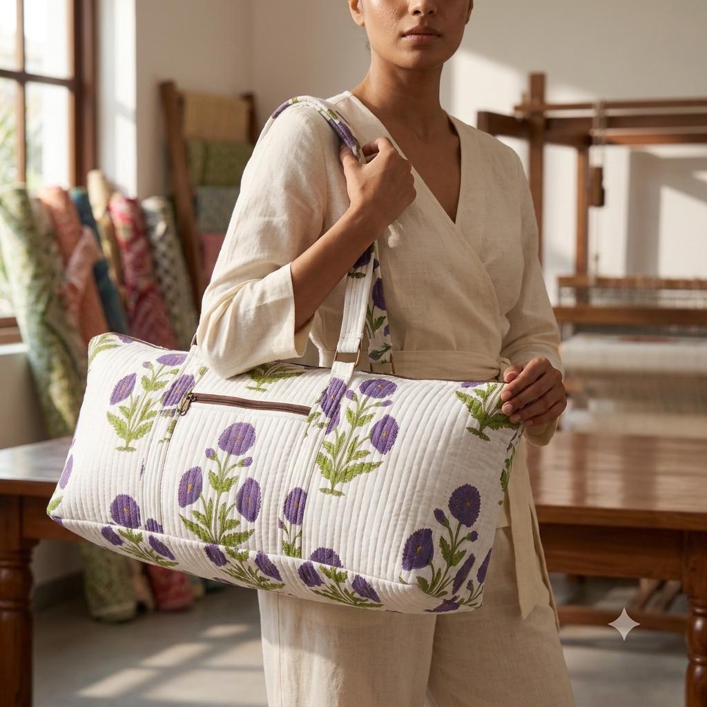 Purple Poppy Quilted Cotton Yoga Mat Bag, Handcrafted Crossbody Carrier, White Floral Fitness Tote