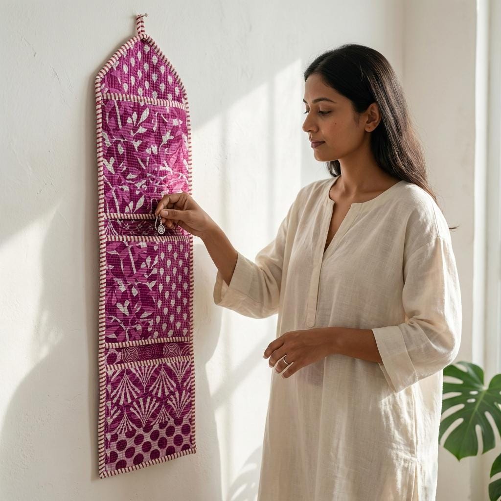 Purple Fabric Wall Hanging Organizer, Handcrafted Cotton Pocket Storage, Magenta Patchwork Decor Holder