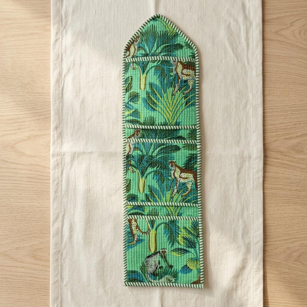 Green Fabric Wall Hanging Organizer, Handcrafted Cotton Pocket Storage, Safari Jungle Decor Holder