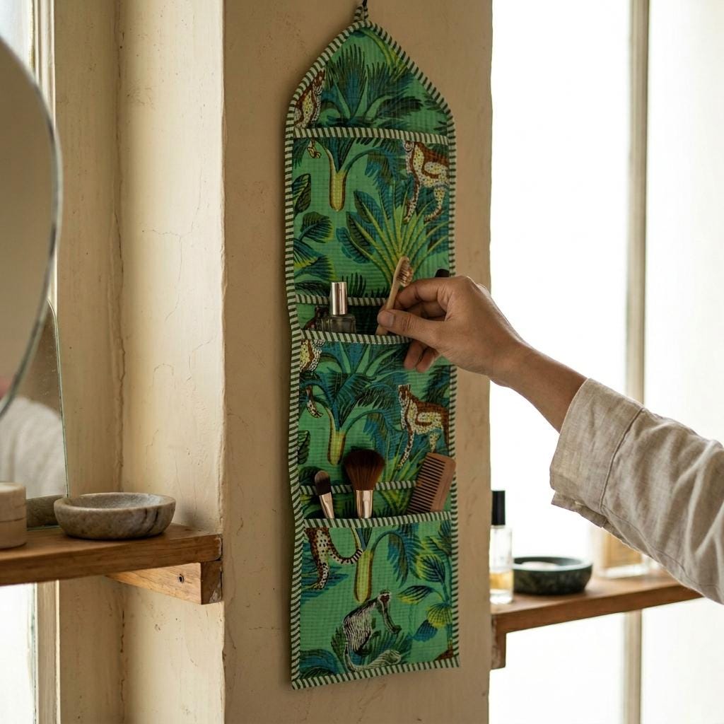 Green Fabric Wall Hanging Organizer, Handcrafted Cotton Pocket Storage, Safari Jungle Decor Holder