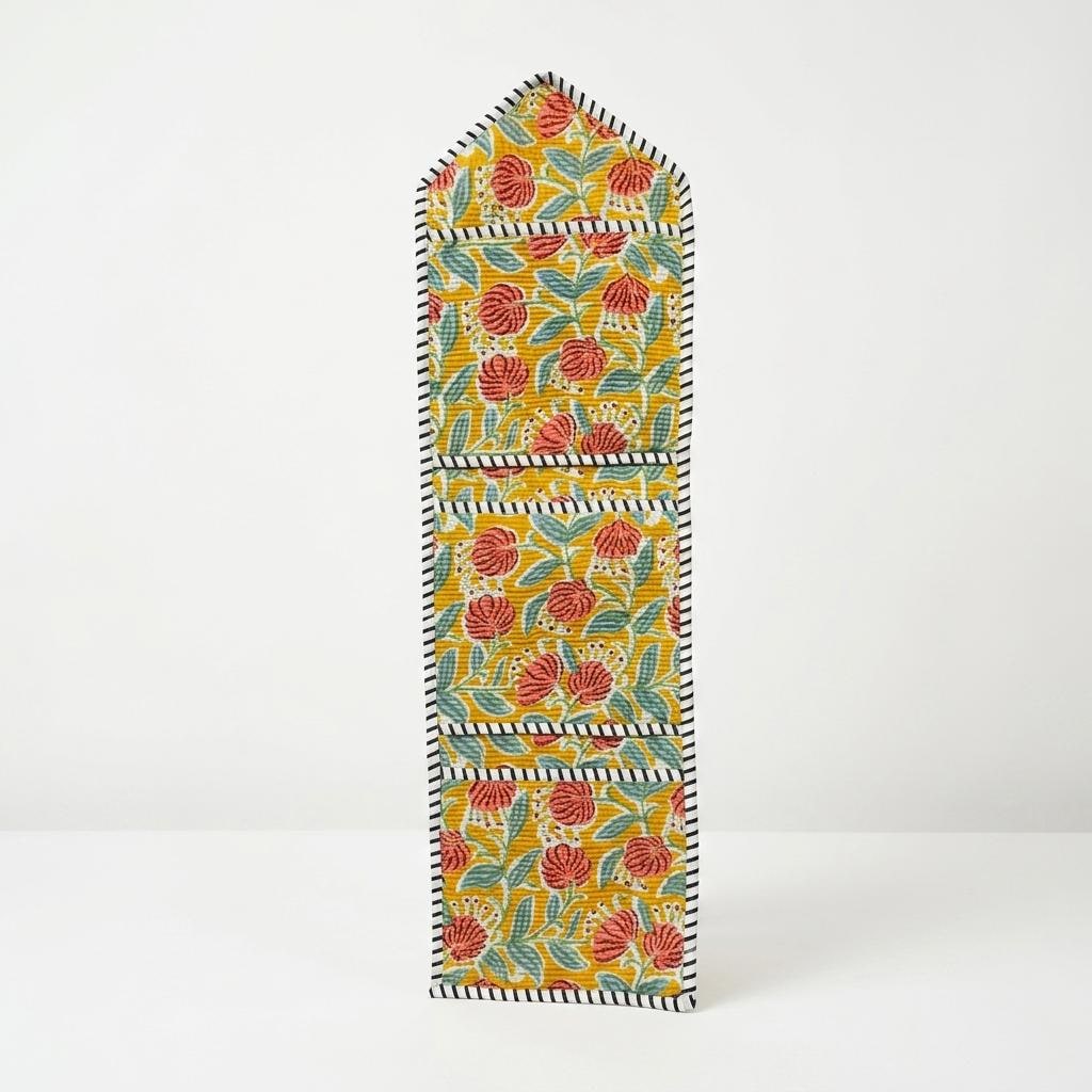 Yellow Floral Fabric Wall Hanging Organizer, Handcrafted Cotton Pocket Storage, Mustard Decor Holder