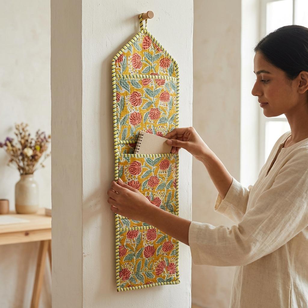 Yellow Floral Fabric Wall Hanging Organizer, Handcrafted Cotton Pocket Storage, Mustard Decor Holder