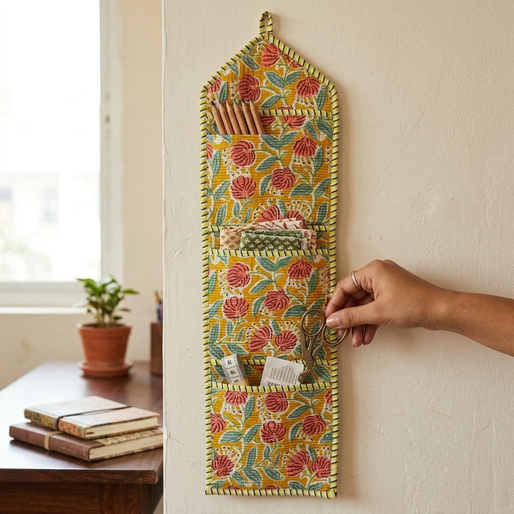 Yellow Floral Fabric Wall Hanging Organizer, Handcrafted Cotton Pocket Storage, Mustard Decor Holder