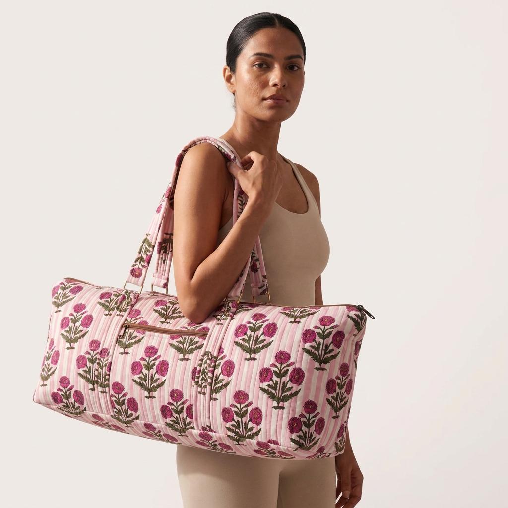 Pink Marigold Quilted Cotton Yoga Mat Bag, Handcrafted Shoulder Carrier, Striped Fitness Tote