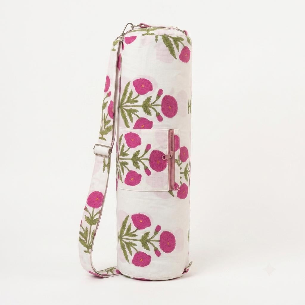 Pink Poppy Quilted Cotton Yoga Mat Bag, Handcrafted Crossbody Carrier, White Floral Fitness Tote