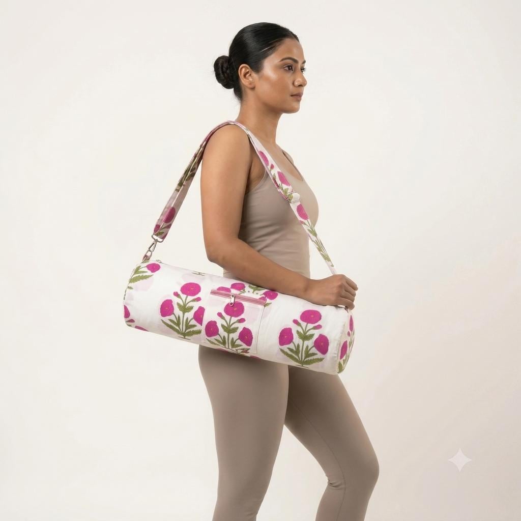 Pink Poppy Quilted Cotton Yoga Mat Bag, Handcrafted Crossbody Carrier, White Floral Fitness Tote