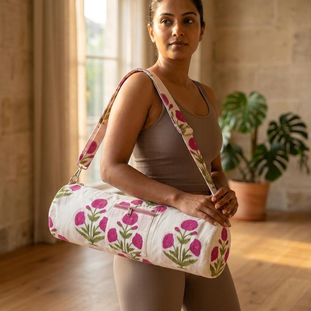 Pink Poppy Quilted Cotton Yoga Mat Bag, Handcrafted Crossbody Carrier, White Floral Fitness Tote
