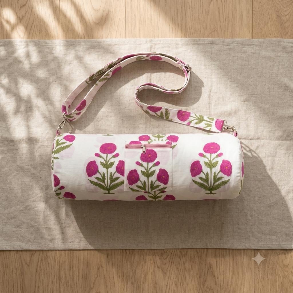 Pink Poppy Quilted Cotton Yoga Mat Bag, Handcrafted Crossbody Carrier, White Floral Fitness Tote