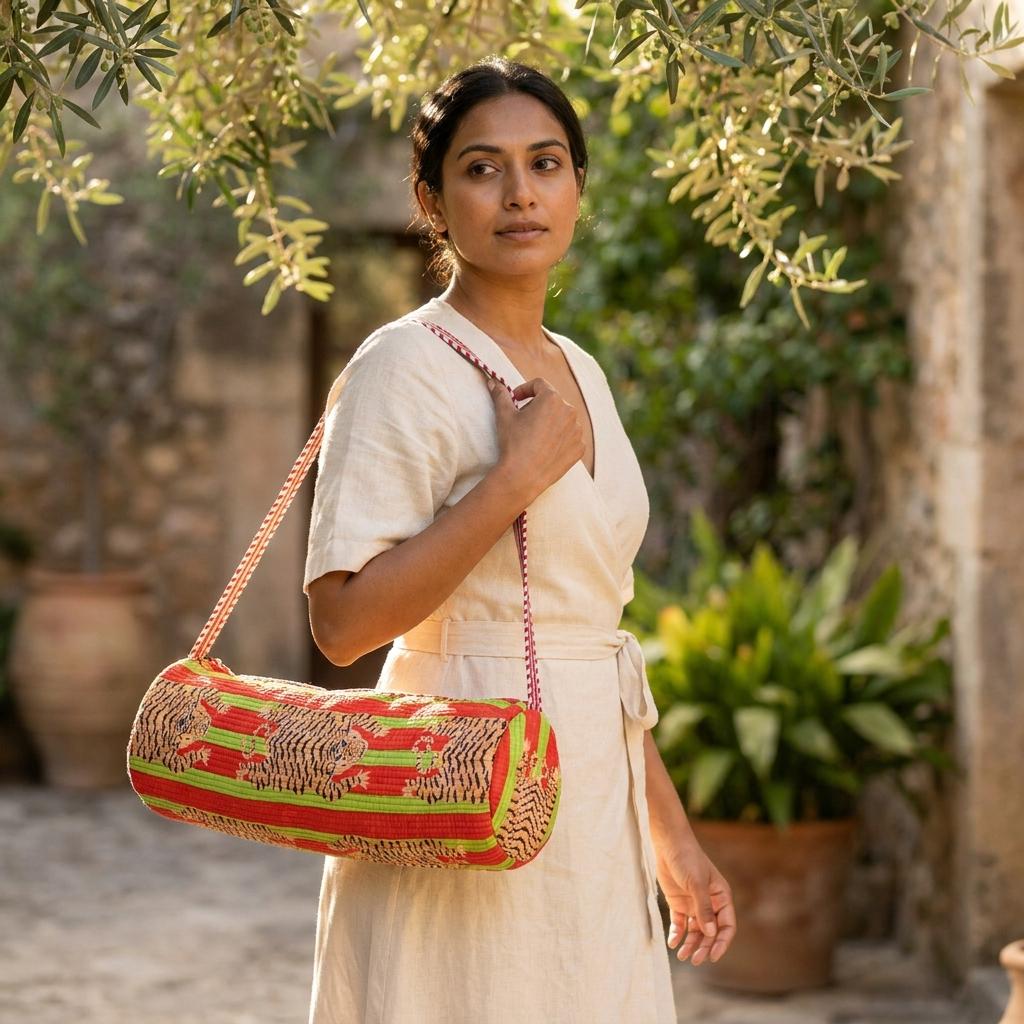 Red Green Tiger Quilted Yoga Mat Bag, Handcrafted Cotton Pilates Carrier, Functional Workout Purse