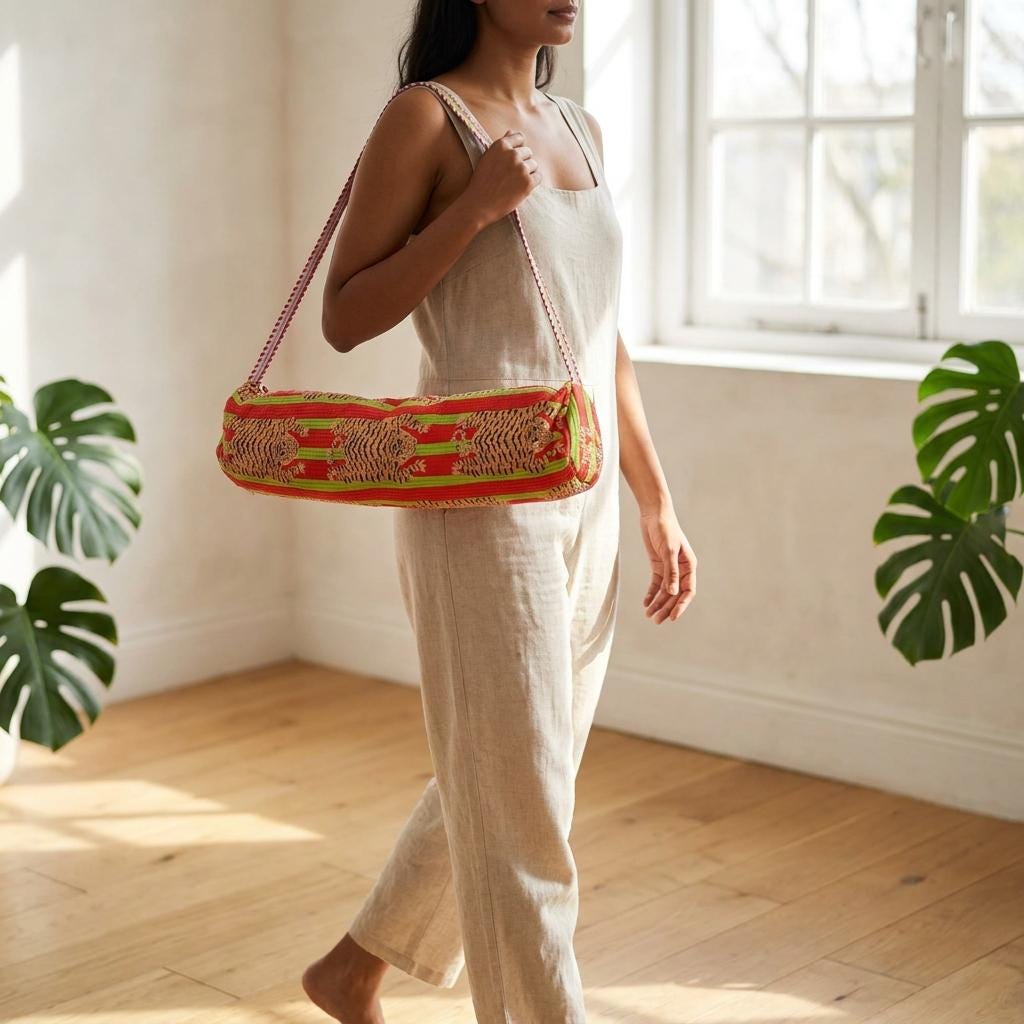 Red Green Tiger Quilted Yoga Mat Bag, Handcrafted Cotton Pilates Carrier, Functional Workout Purse