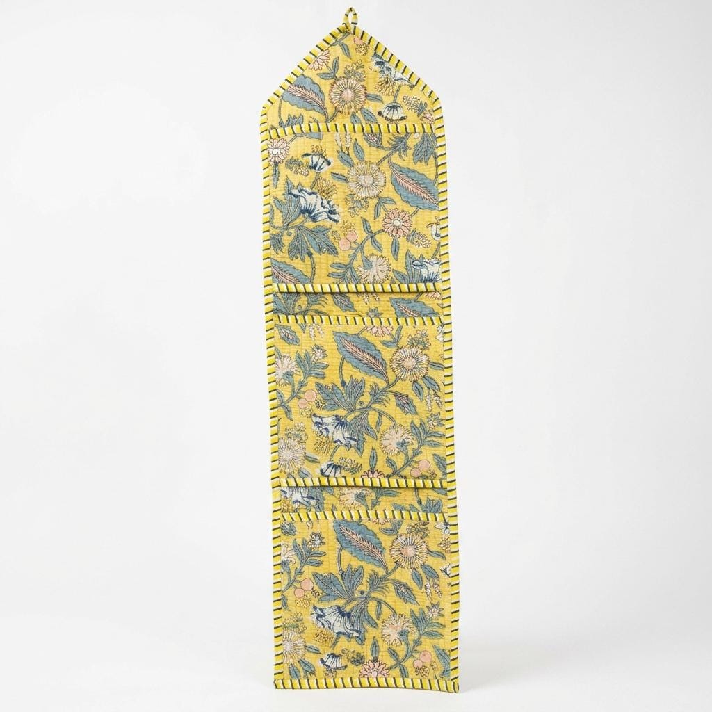 Yellow Floral Quilted Wall Hanging Organizer, Handcrafted Cotton Pocket Storage, Patterned Office Home Pocketbook