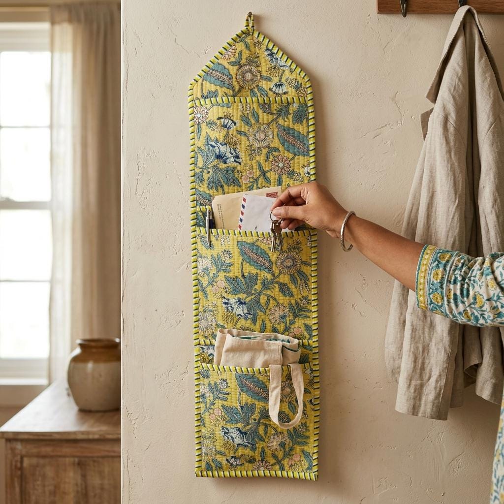 Yellow Floral Quilted Wall Hanging Organizer, Handcrafted Cotton Pocket Storage, Patterned Office Home Pocketbook