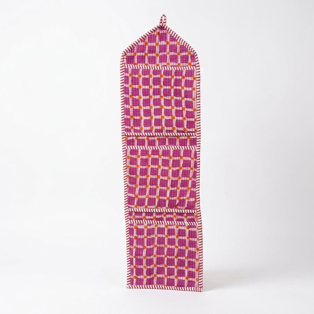 Purple Grid Plaid Quilted Cotton Hanging Wall Organizer, Handcrafted Multi Pocket Fabric Storage Hanger