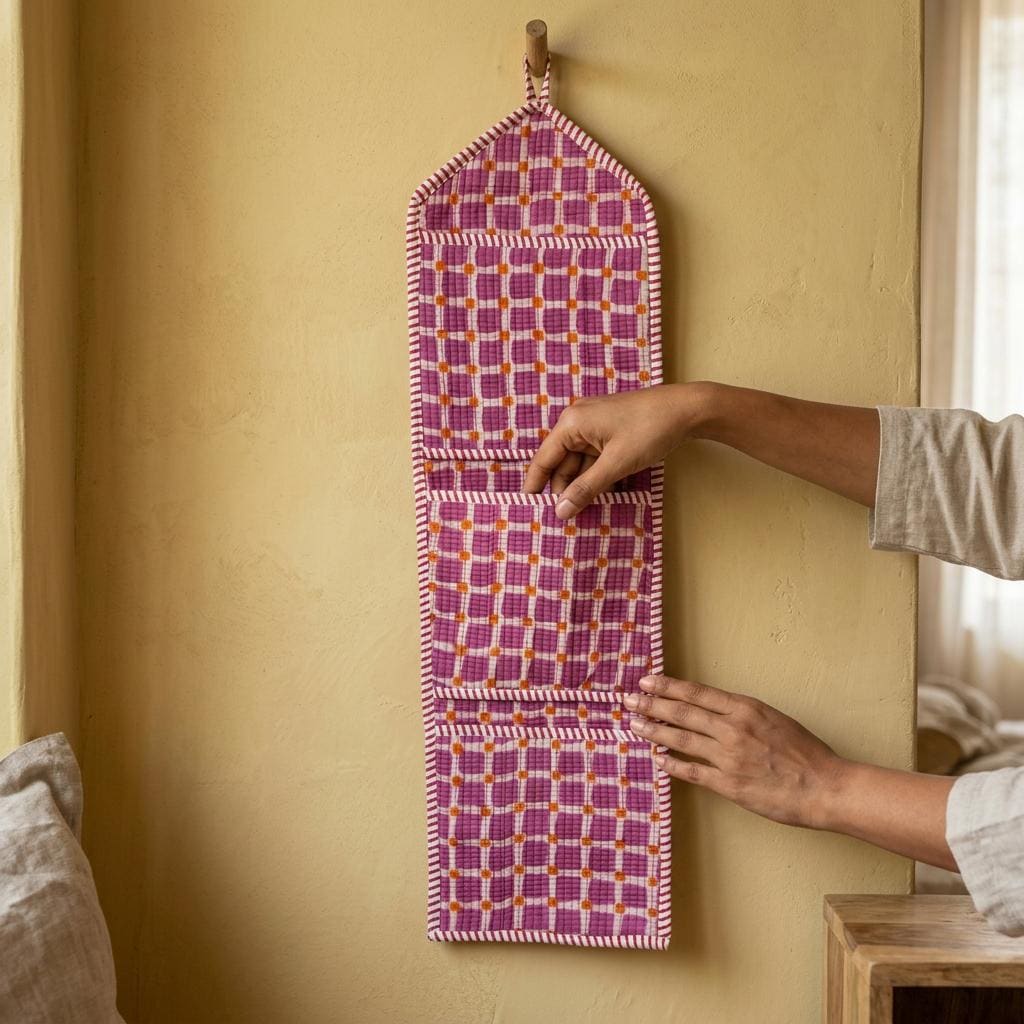 Purple Grid Plaid Quilted Cotton Hanging Wall Organizer, Handcrafted Multi Pocket Fabric Storage Hanger