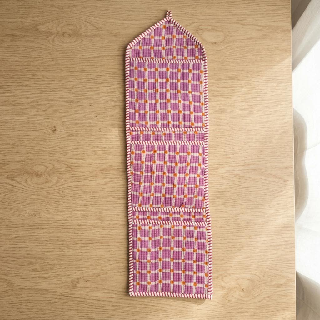 Purple Grid Plaid Quilted Cotton Hanging Wall Organizer, Handcrafted Multi Pocket Fabric Storage Hanger