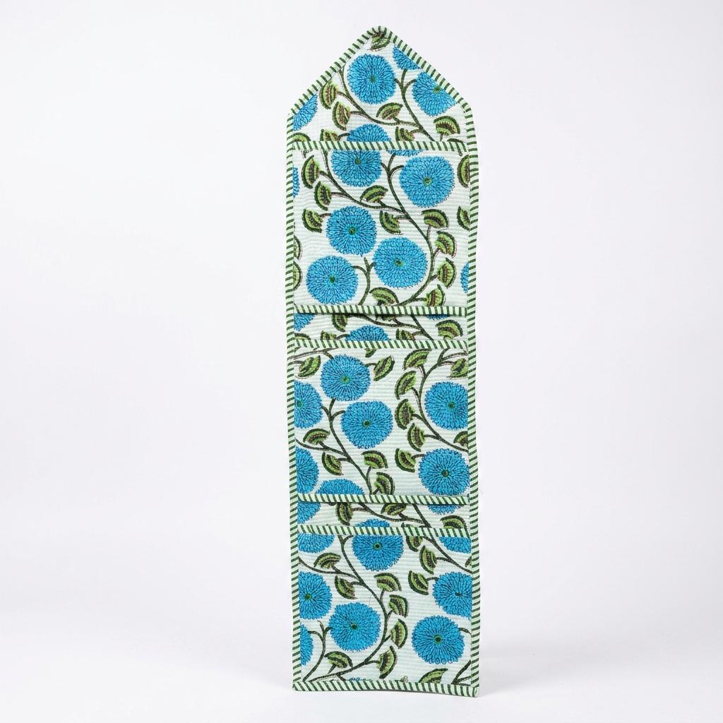 Blue Floral Quilted Wall Hanging Organizer, Handcrafted Cotton Pocket Storage, Patterned Office Home Pocketbook