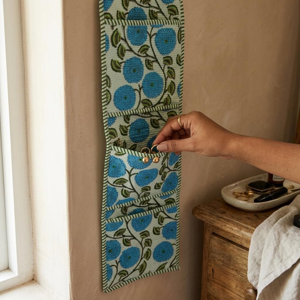 Blue Floral Quilted Wall Hanging Organizer, Handcrafted Cotton Pocket Storage, Patterned Office Home Pocketbook