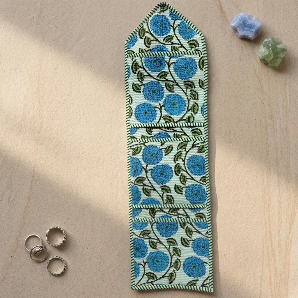 Blue Floral Quilted Wall Hanging Organizer, Handcrafted Cotton Pocket Storage, Patterned Office Home Pocketbook