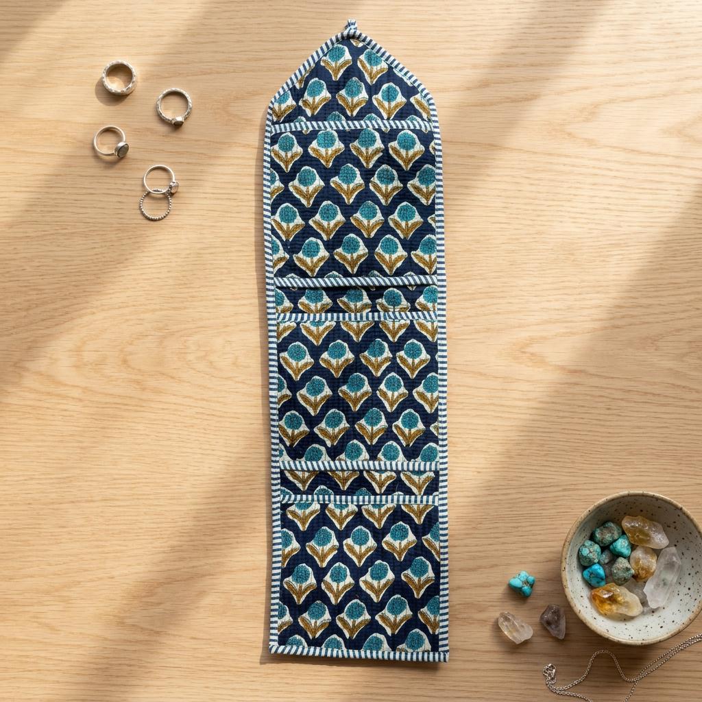 Blue Indigo Quilted Wall Hanging Organizer, Handcrafted Cotton Pocket Storage, Patterned Office Home Pocketbook