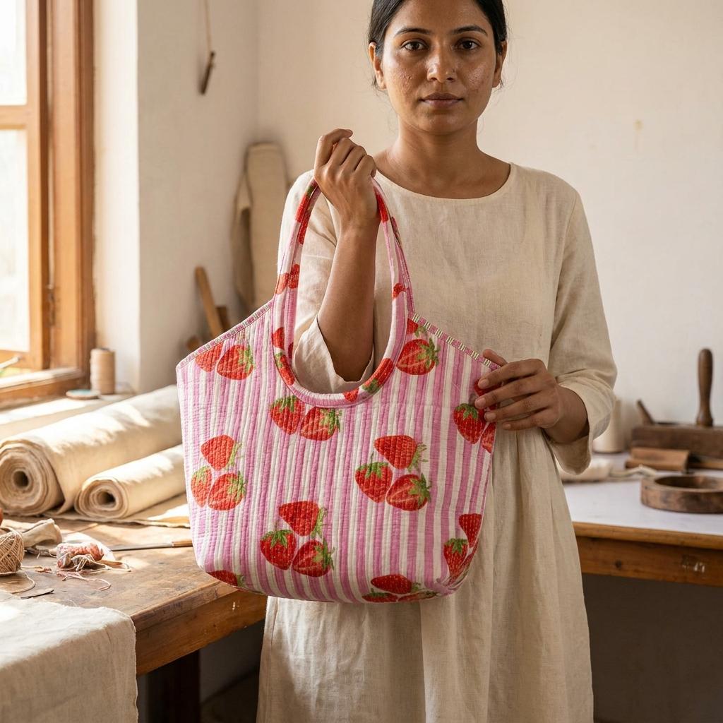 Pink Strawberry Quilted Cotton Tote Bag, Handcrafted Shoulder Shopper Purse, Striped Travel Handbag