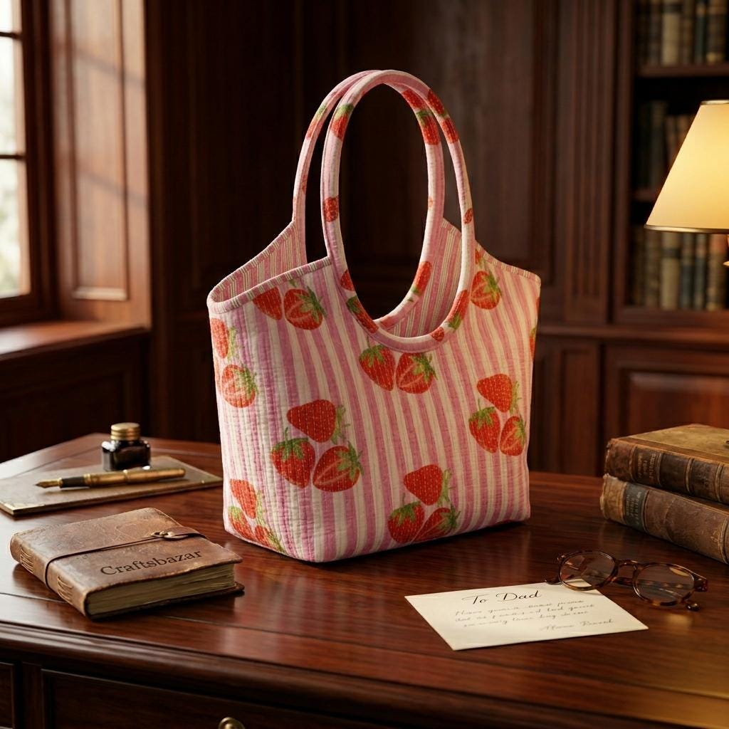 Pink Strawberry Quilted Cotton Tote Bag, Handcrafted Shoulder Shopper Purse, Striped Travel Handbag