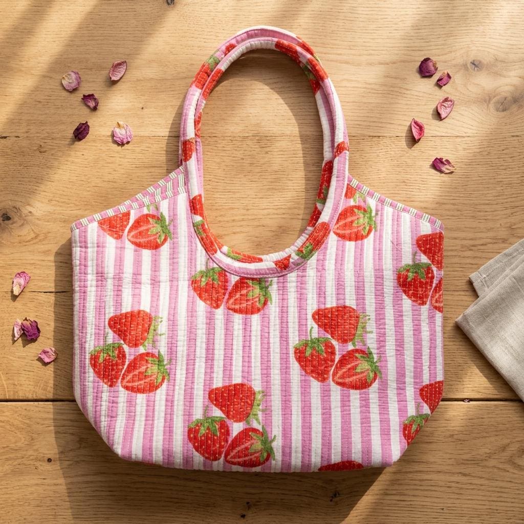 Pink Strawberry Quilted Cotton Tote Bag, Handcrafted Shoulder Shopper Purse, Striped Travel Handbag