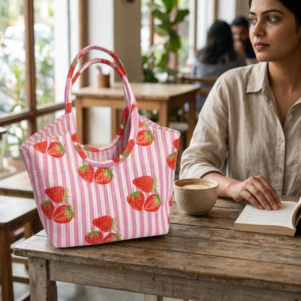 Pink Strawberry Quilted Cotton Tote Bag, Handcrafted Shoulder Shopper Purse, Striped Travel Handbag