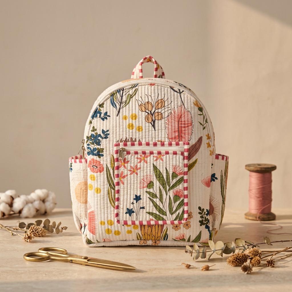 Floral Quilted Cotton Backpack Bag, Handcrafted Travel Rucksack Purse, Patterned School Laptop Handbag