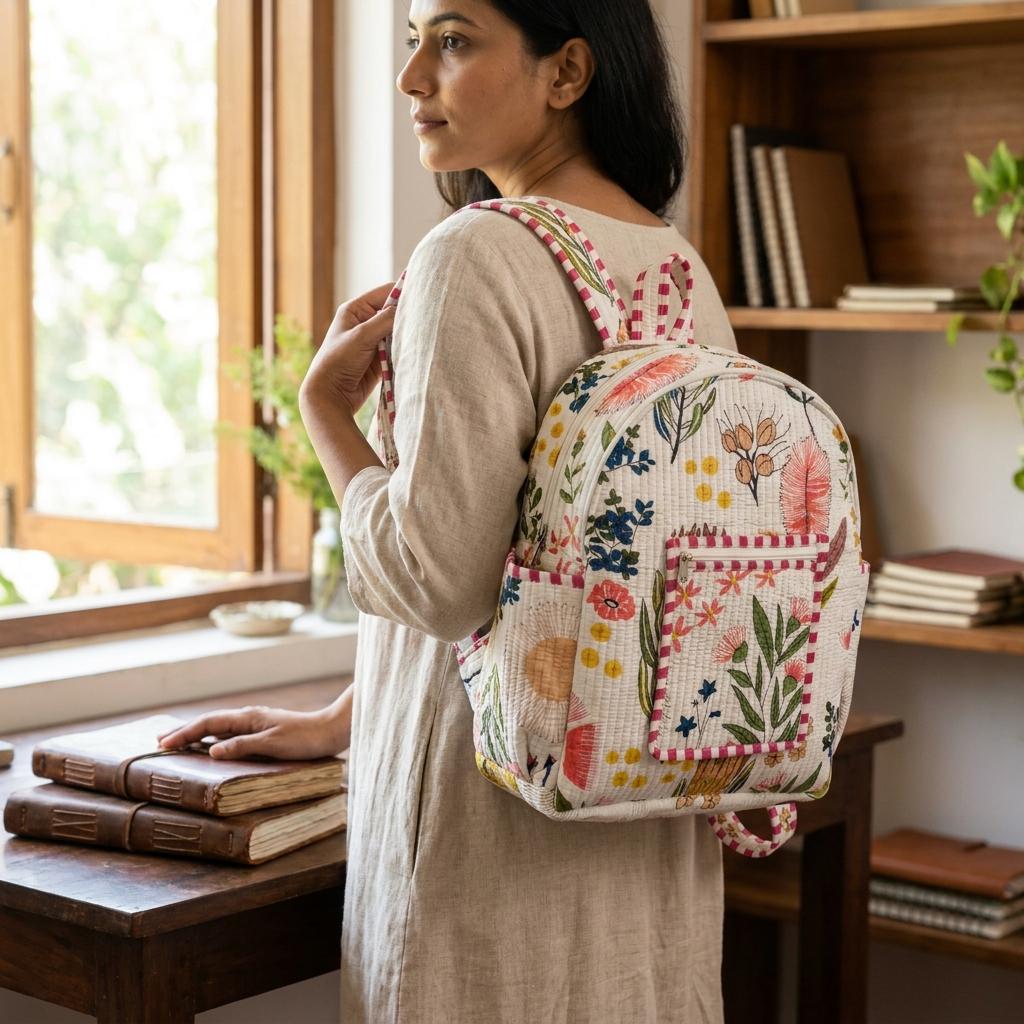 Floral Quilted Cotton Backpack Bag, Handcrafted Travel Rucksack Purse, Patterned School Laptop Handbag