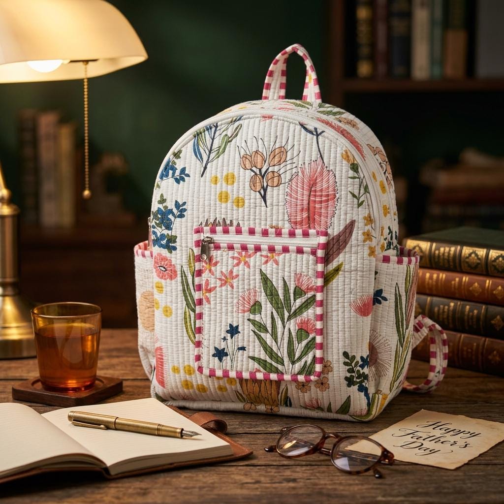 Floral Quilted Cotton Backpack Bag, Handcrafted Travel Rucksack Purse, Patterned School Laptop Handbag