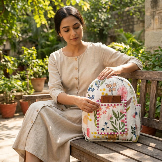 Floral Quilted Cotton Backpack Bag, Handcrafted Travel Rucksack Purse, Patterned School Laptop Handbag