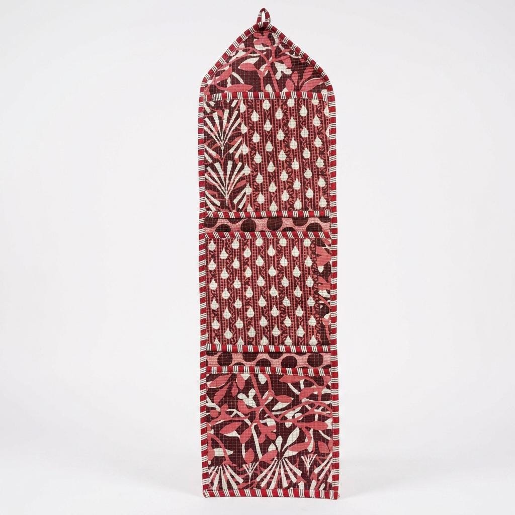 Maroon Quilted Cotton Hanging Wall Organizer, Handcrafted Multi Pocket Fabric Rust Storage Hanger