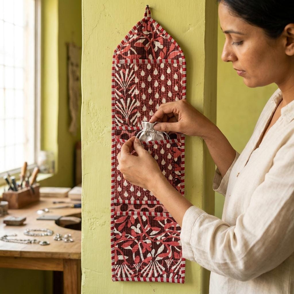Maroon Quilted Cotton Hanging Wall Organizer, Handcrafted Multi Pocket Fabric Rust Storage Hanger