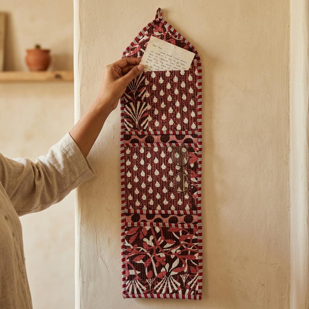 Maroon Quilted Cotton Hanging Wall Organizer, Handcrafted Multi Pocket Fabric Rust Storage Hanger