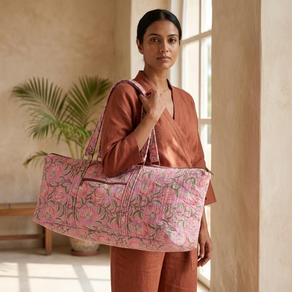 Pink Peony Quilted Cotton Yoga Mat Bag, Handcrafted Shoulder Carrier, Green Floral Fitness Tote