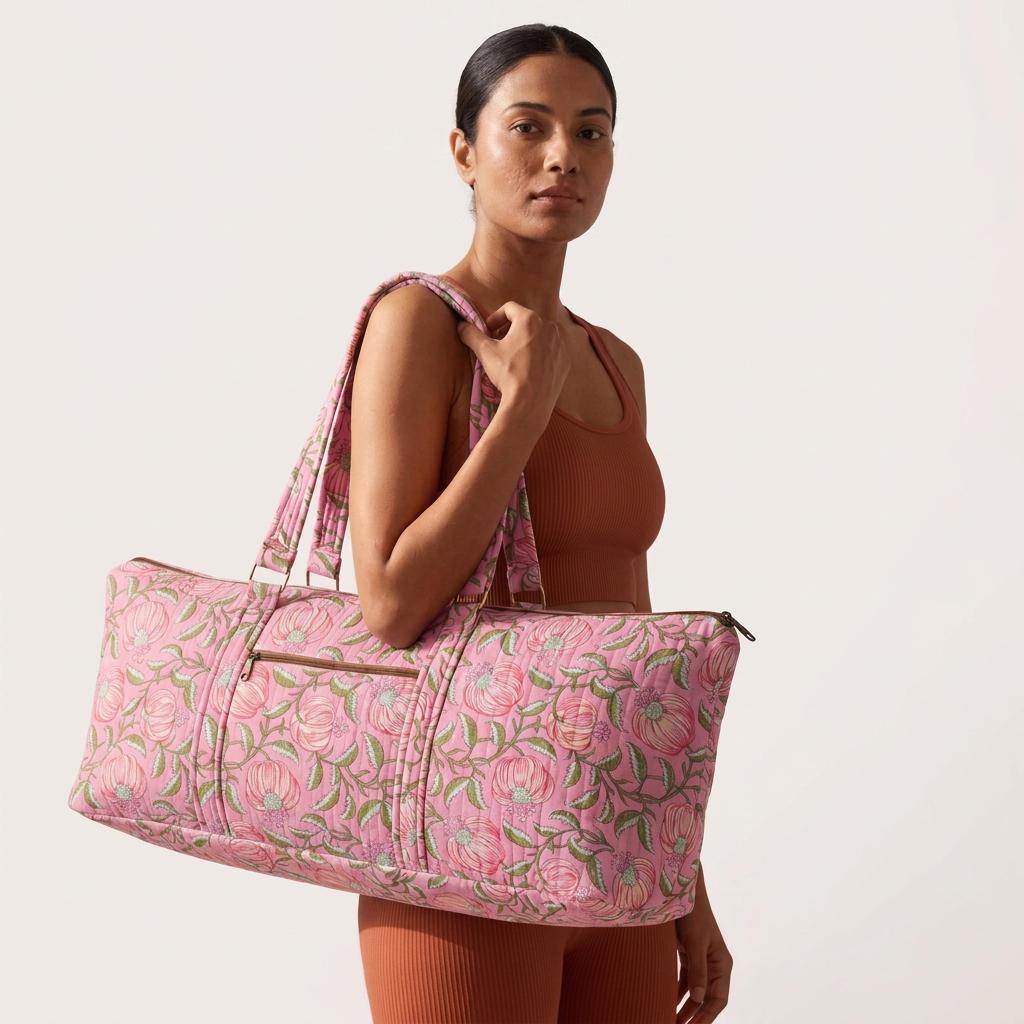 Pink Peony Quilted Cotton Yoga Mat Bag, Handcrafted Shoulder Carrier, Green Floral Fitness Tote