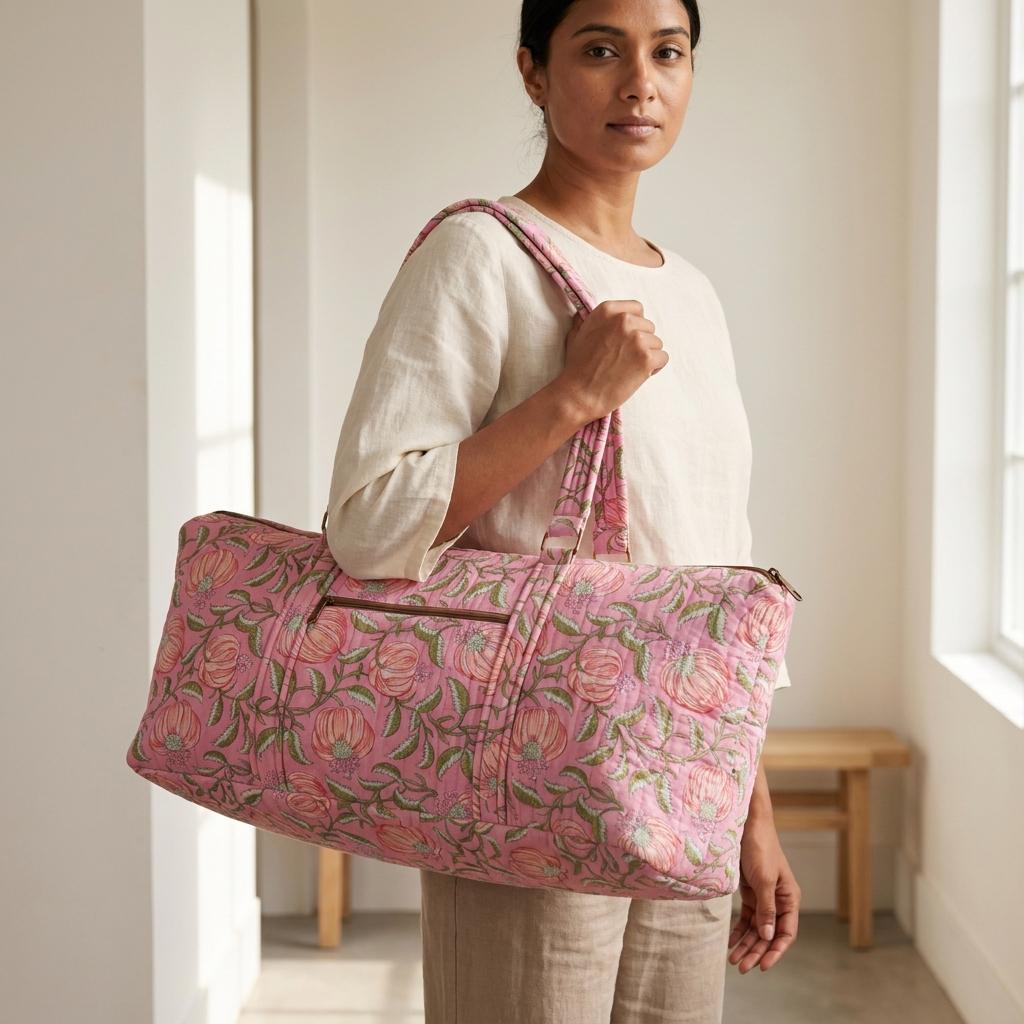 Pink Peony Quilted Cotton Yoga Mat Bag, Handcrafted Shoulder Carrier, Green Floral Fitness Tote
